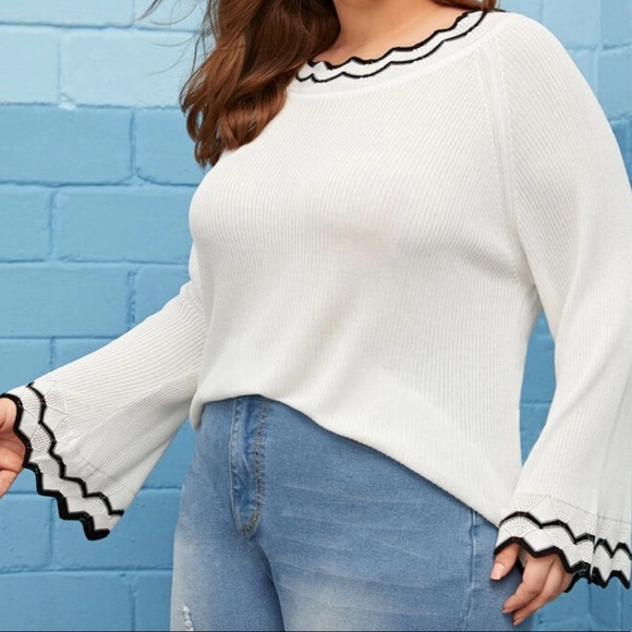 Plus flounce sleeve contrast trim pullover sweater - Picture 3 of 5